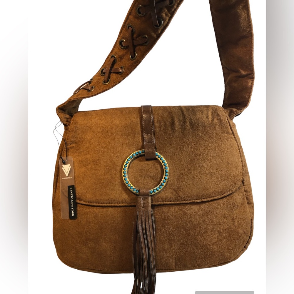 Veneto New York Faux Suede Shoulder bag, Cross stitch accent strap New with tags